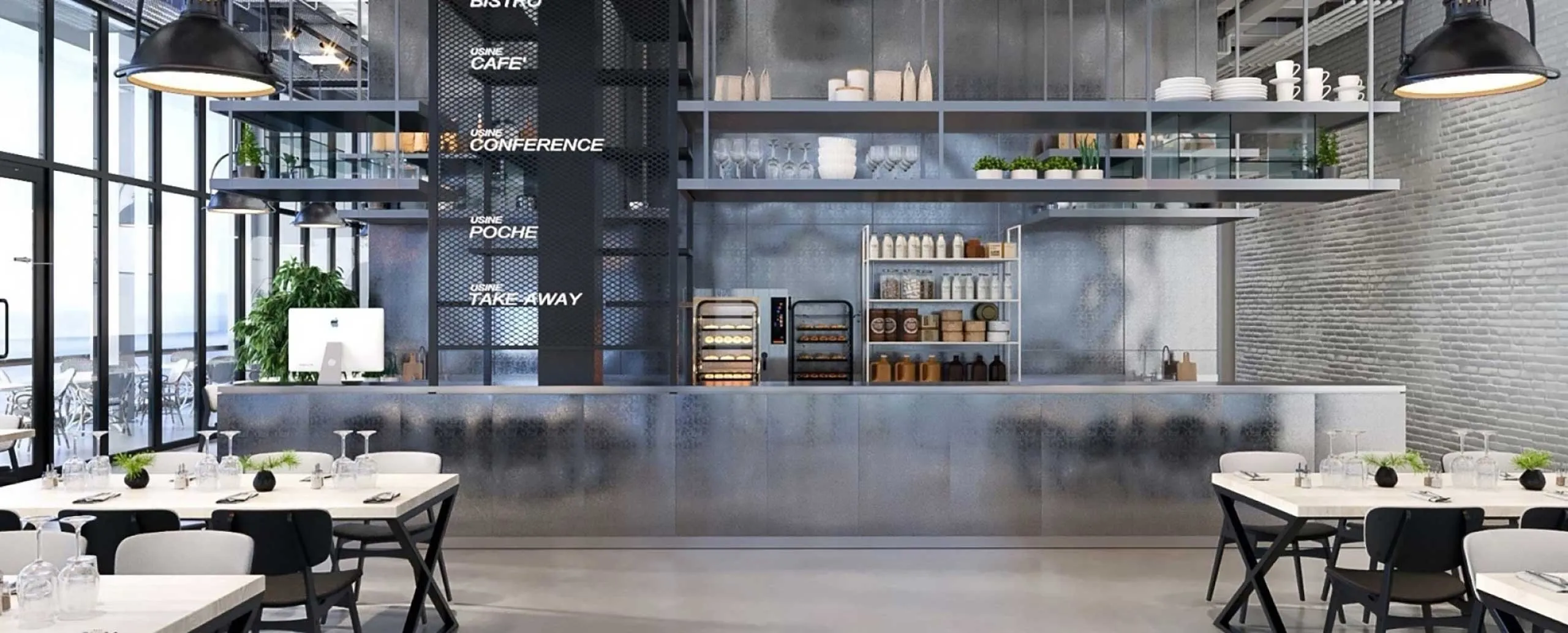 Industrial café with zinc counter, open shelving and pendant lamps