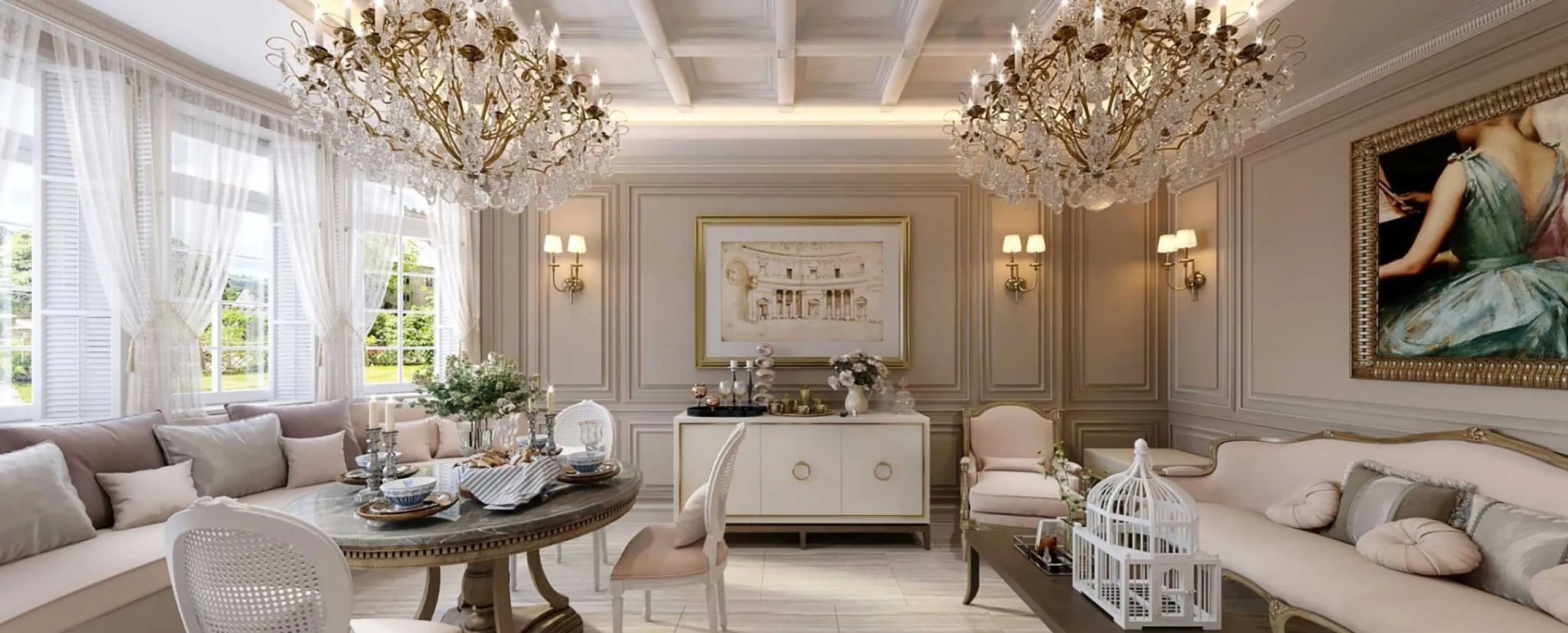 Classic living room with twin crystal chandeliers and panelled walls