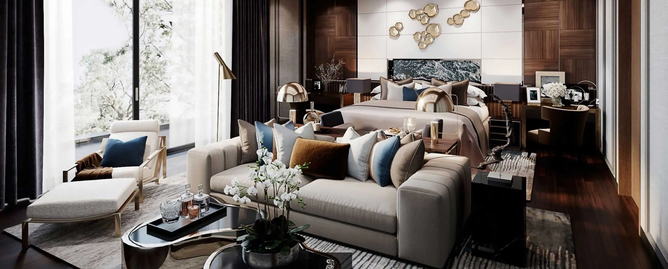 Dark timber master suite with lounge chair and marble headboard wall