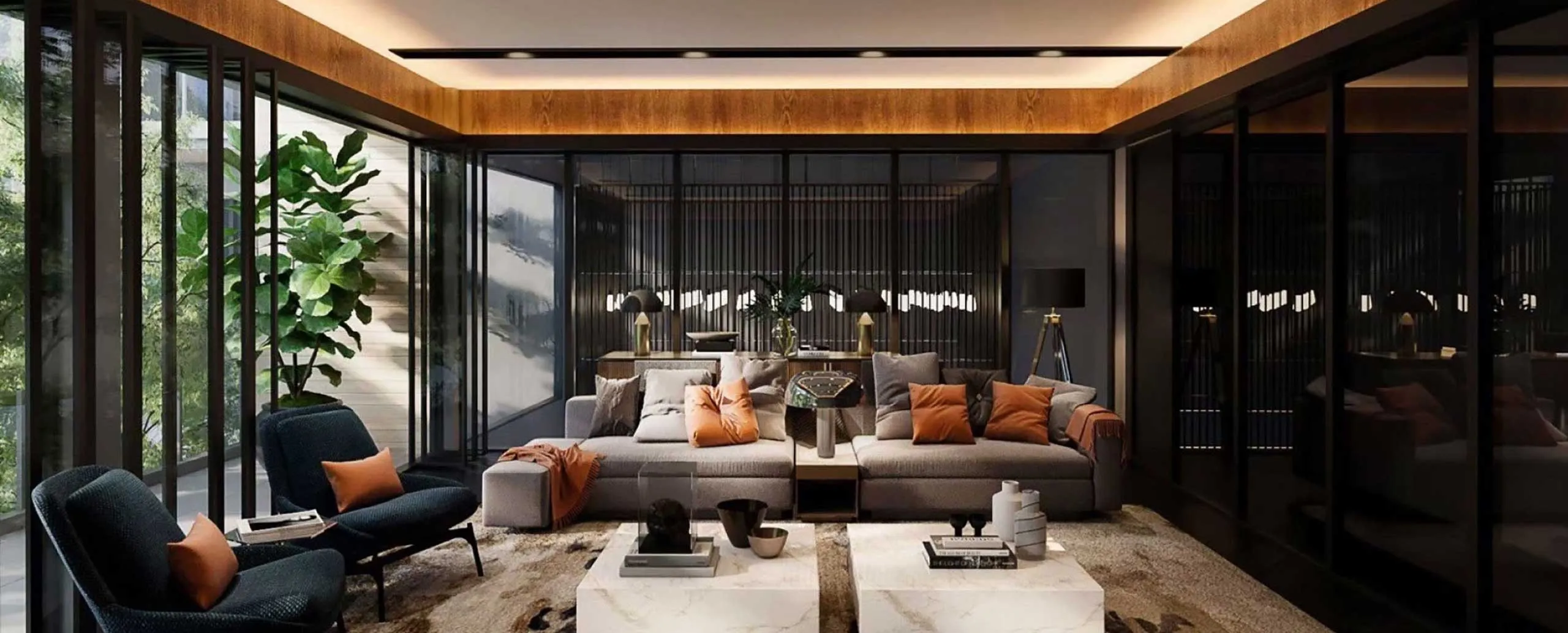 Contemporary lounge with walnut ceiling, glass walls and orange accents