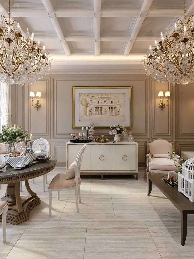 Classic living room with crystal chandeliers and a round dining table