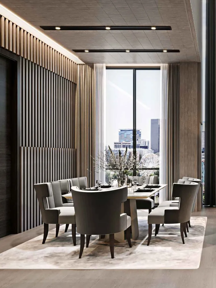 High-rise dining room with timber slats, sheer curtains and city view